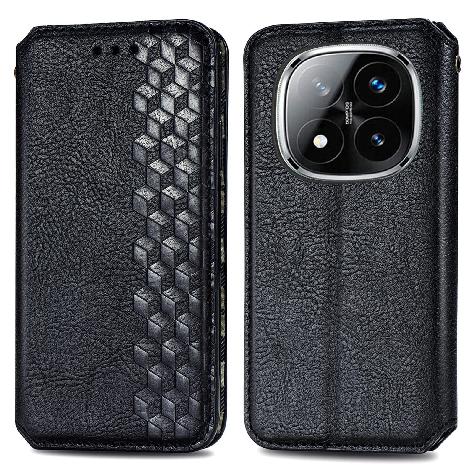 

For Xiaomi Redmi Note 14 Pro+ 5G PU Leather Case Rhombus Imprint Wallet Stand Phone Cover Black