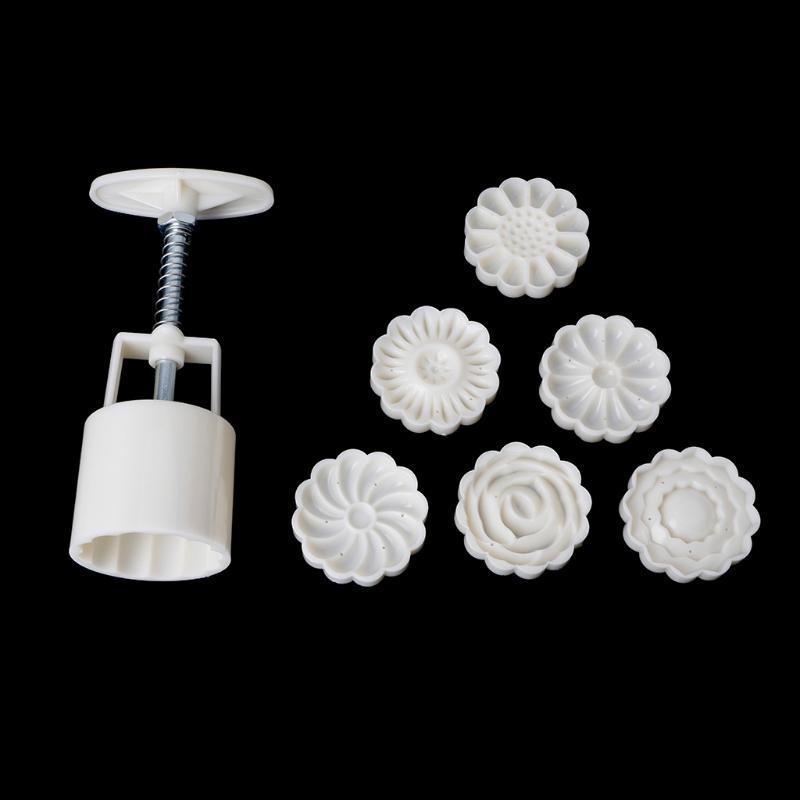 Moon Cake Mould Mold with 6Pcs Stamps Round Flower Pastry Mooncake Hand DIY Tool