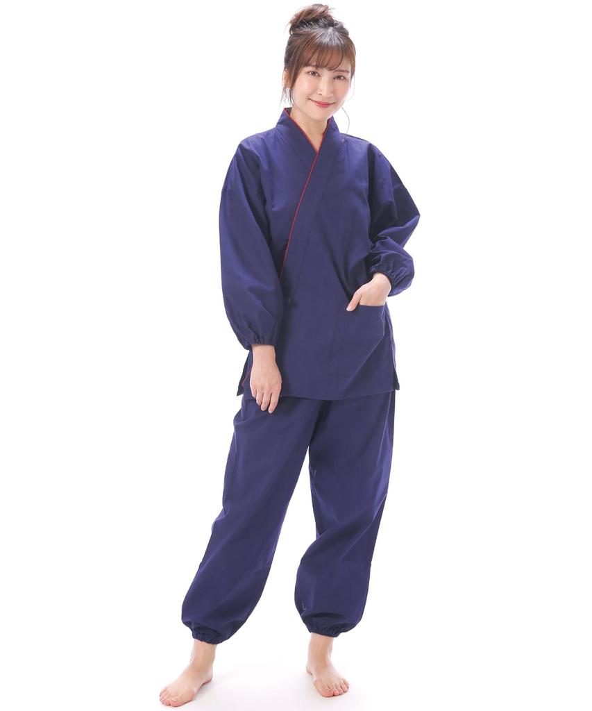 ON NISHIKI 0815 Samue Top and Bottom Cotton Sheeting Women's Set, 100% [4 Indigo/Size L]