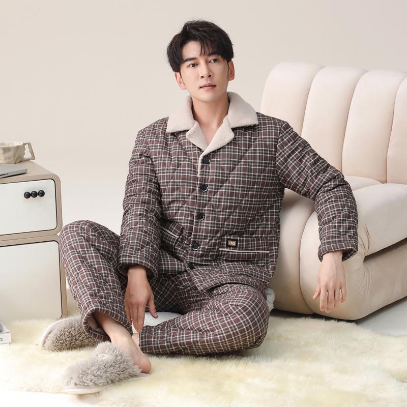 

Пижама мужская зимняя из чистого хлопка с подкладкой, трехслойная утолщенная с начесом, с хлопковой набивкой, тканая, теплая, осенне-зимний комплект домашней одежды 3XL