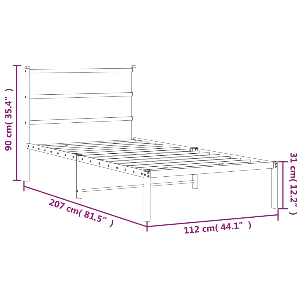 Metal Bed Frame with Headboard Black 107 x 203 cm