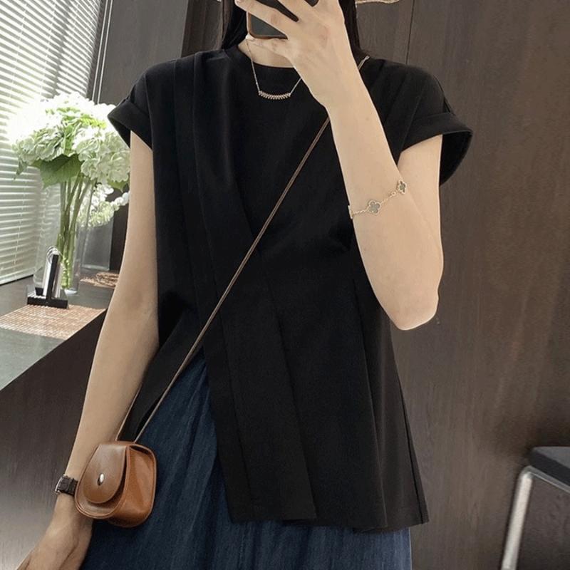 

Slit Short-sleeved Shirt for Women In Summer New Commuting Thin Small Casual Top One size чёрный