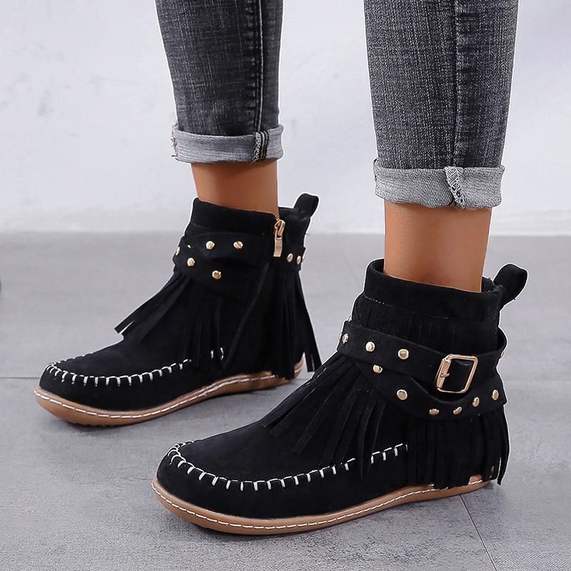 Women's Fashion Retro Boots Winter Ankle Boots Flat Boots Tassel Ladies Boots Plus Size 35-43