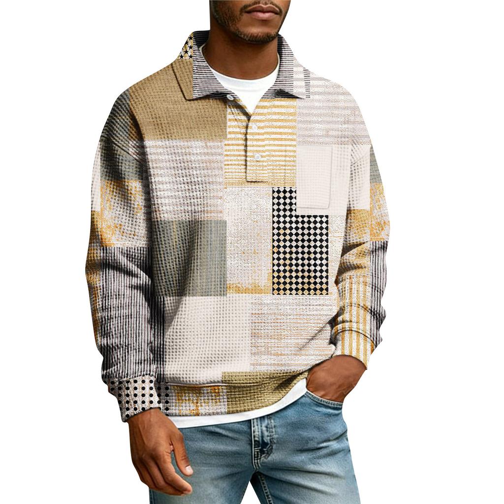 Men's Lapel Printed Single Breasted Pocket Long Sleeve Casual Sports T-Shirt