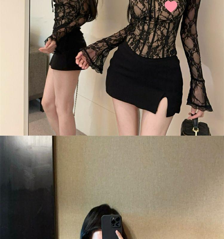 Women's Black Lace Square Neck Long Sleeve Top, Autumn Base Layer, Yù Jiě Style - Sophisticated, Elegant, Tight, Short.