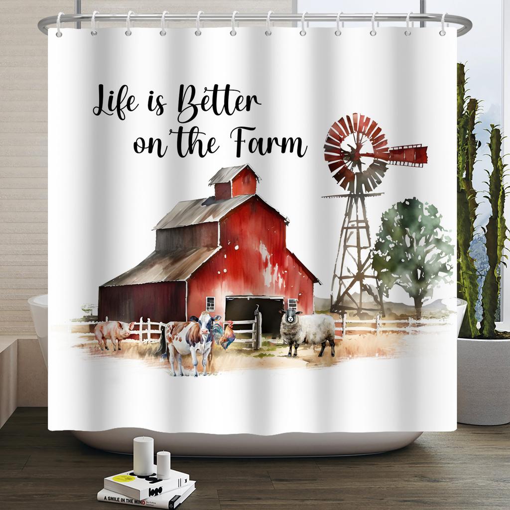 Bauernhoftiere Duschvorhang Niedlich Lustig Kuh Huhn Schwein Blume Pferd Holz Bauernhaus Scheune Rustikal Duschvorhang für Badezimmerdeko