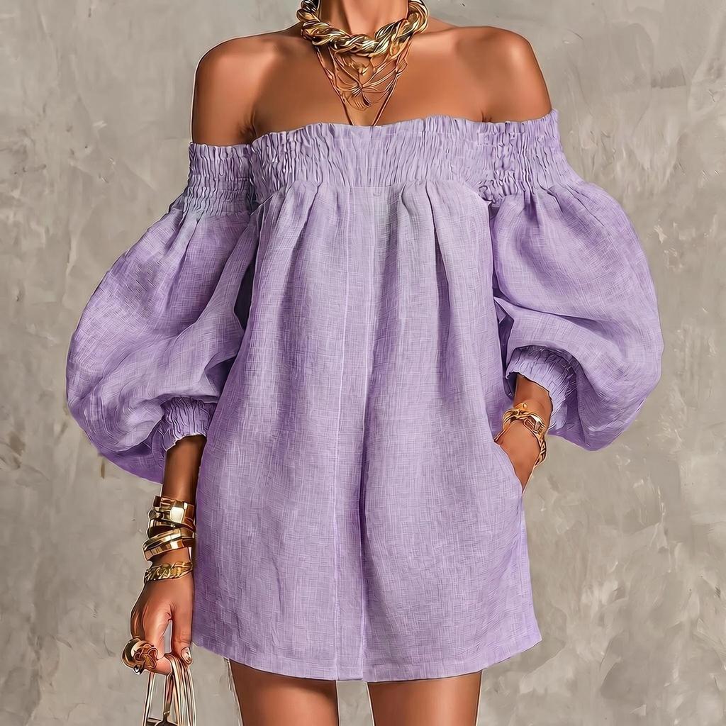 Summer women's clothing new European and American, temperament solid color off-the-shoulder lantern sleeve short dress