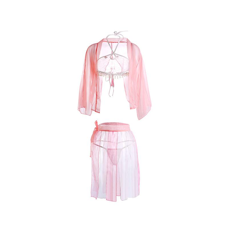 Sex Underwear Enchanting Retro Tulle Perspective Seduction Pearl Fringed Belly Pocket Sharding Tied Skirt Exotic Suit