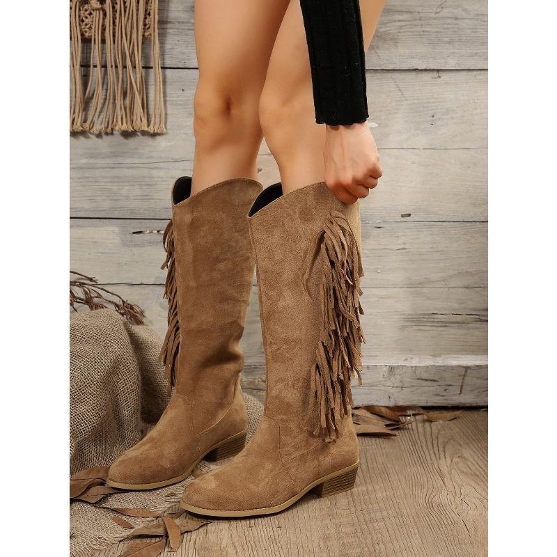 Plus Size Women's New Arrival Suede Knee-High Fringe Boots Pointed Toe Low Heel Versatile Long Boots Rider Boots