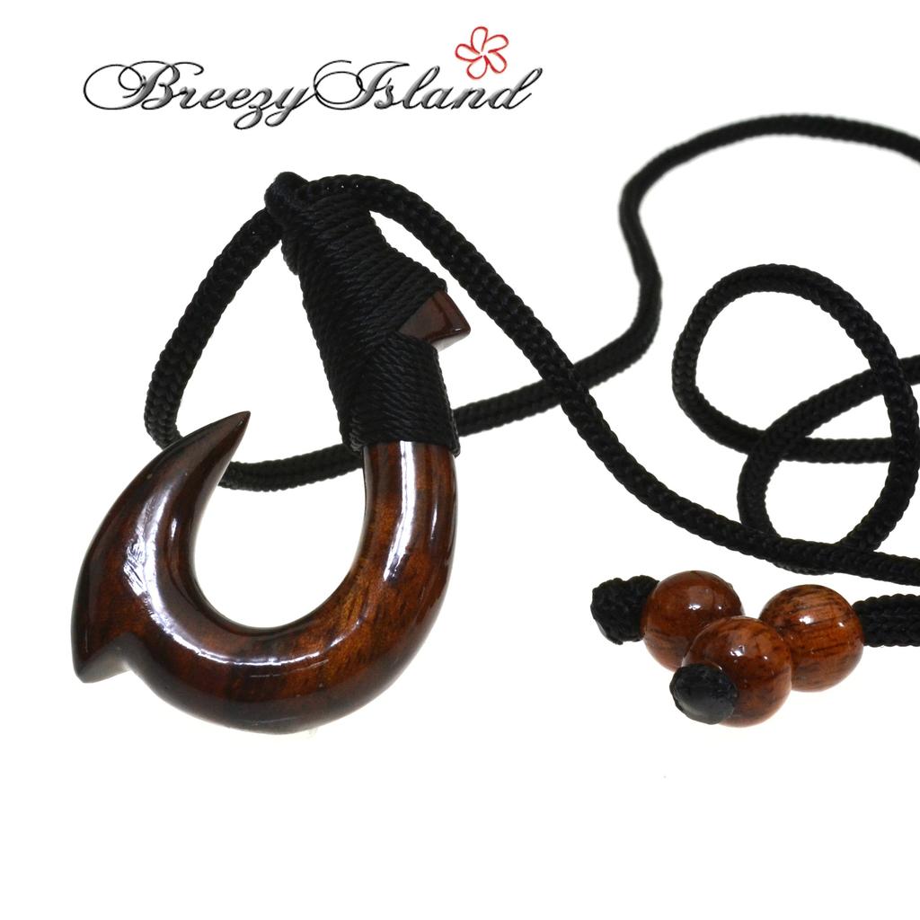 [Breezy Island] Hawaiian Accessory Koa Wood Pendant Fish Hook Size L - Hangs Up Good Fortune - Precious Hawaiian Koa Wood That Shines with an Amber