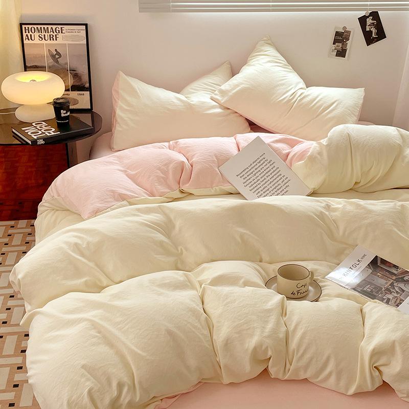 Four-piece Set for Sleeping Naked On Winter Bed, Washed Cotton Sheets, Quilt Cover, Fitted Sheet, Three-piece Set for College Dormitory