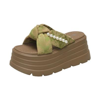 8CM Absätze Klobige Pantoletten Für Damen Offene Zehen Hohe Plateau Canvas Sandalen Frau Neu Sommer Dicke Sohle Strand Perlen Zehentrenner