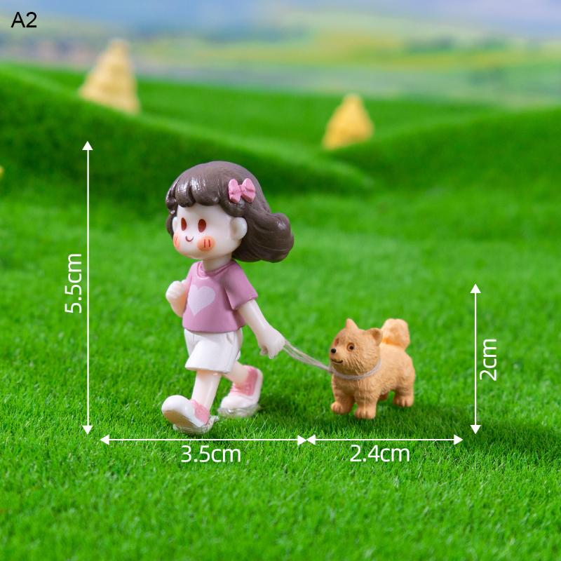 1Pc Fairy Garden Dog-Leading Girl Doll Figures Micro Landscape Valentine's Day Gift PVC Crafts Fairy Garden Decor Home Ornament