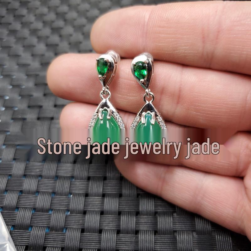 Ice Jade Green Chalcedony Water Drop Earrings with Agate and Diamond Inlay