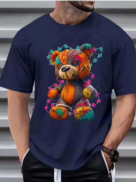 Unisexs Summer Cotton Fashionable Casual Sports Loose Large Cartoon Teddy Bear Pattern Printed Round Neck Short Sleeve Tshirt Dry