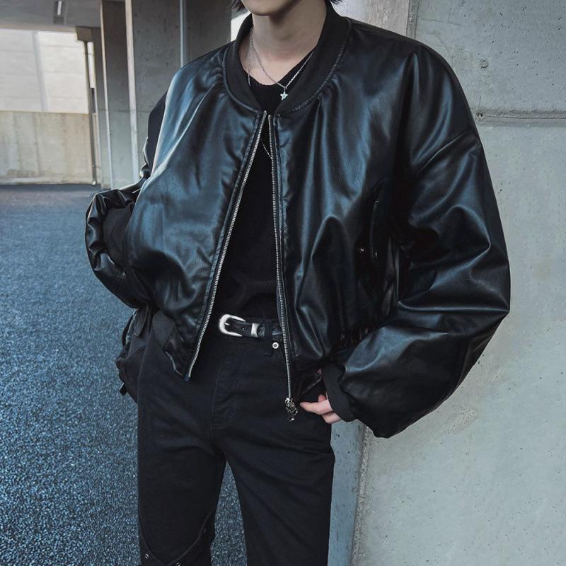 Giacca Corta in Pelle da Uomo, Cappotto Largo Autunno e Inverno, Giacca di Pelle da Motociclista alla Moda Stile Coreano