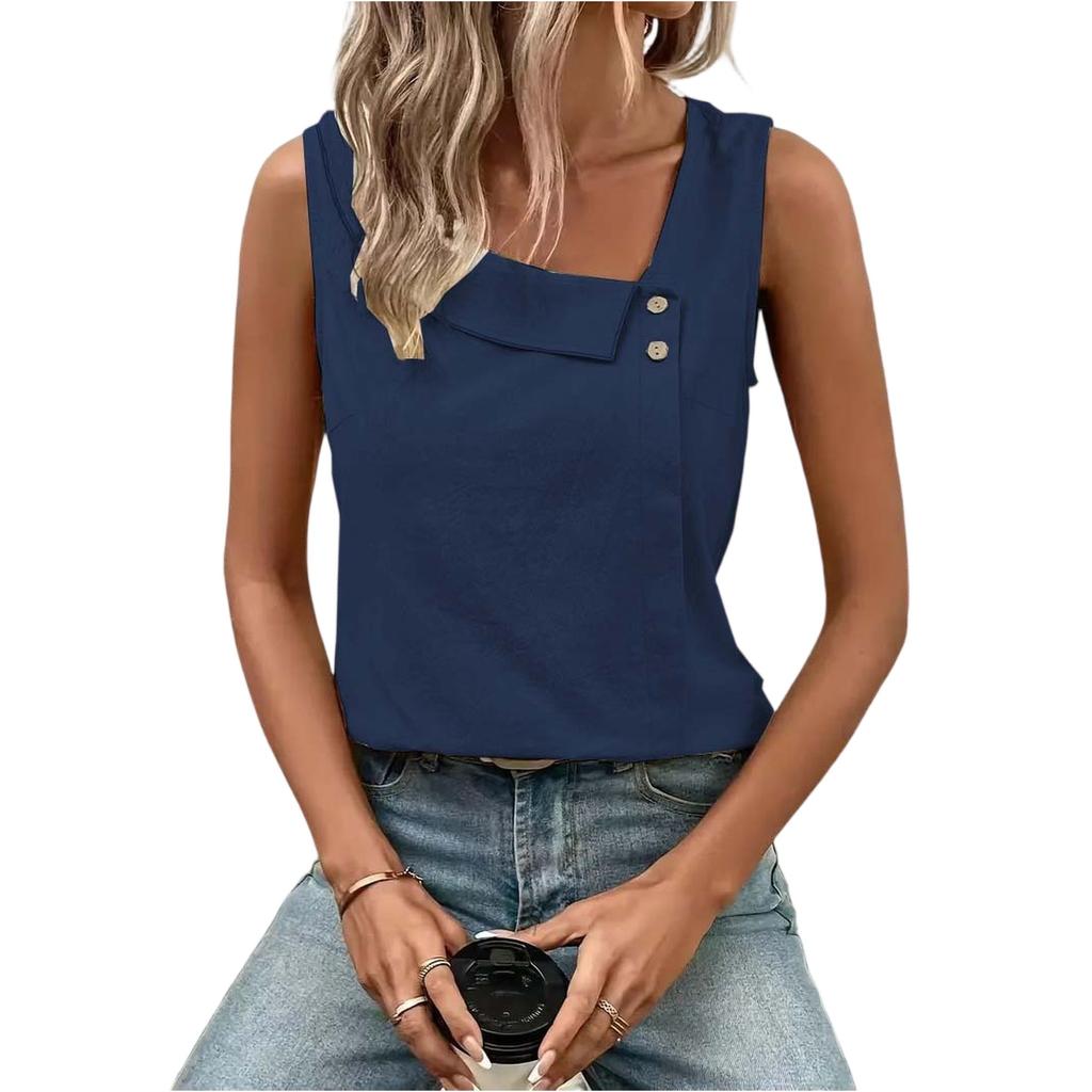 Women's Casual Fashion Sleeveless Button-Down Top Vest T-Shirt