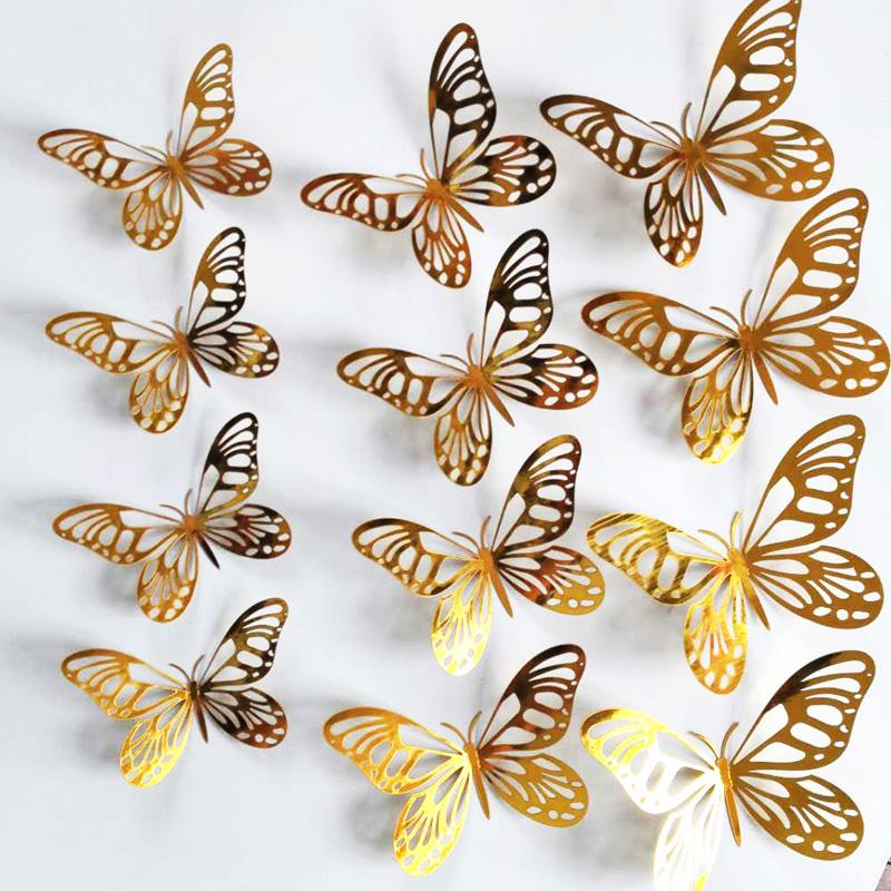 12Pcsset Gold Silver Hollow Butterfly Wall Stickers 3D Butterflies Bedroom Living Room Home Decoration Applique Wedding Decor