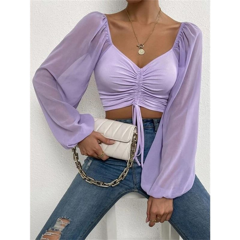 

2024 Beautiful All Match Summer New V-neck Chiffon Drawstring Lantern Sleeve Skinny Fashion Sexy Shirt Tops Light purple S