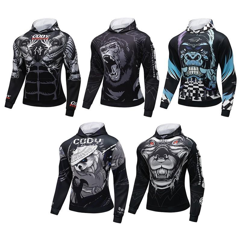 Mens Slim Fit Hooded Gym Workout Top Digital Print Long Sleeve Athletic Shirt Fitness Running Training