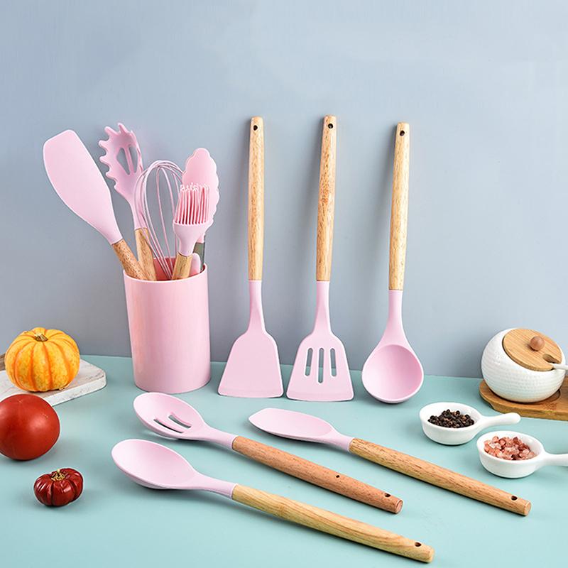 1/12Pcs Silicone Kitchenware Non-Stick Cookware Kitchen Utensils Set Spatula Shovel Egg Beaters Wooden Handle Cooking Tool Set