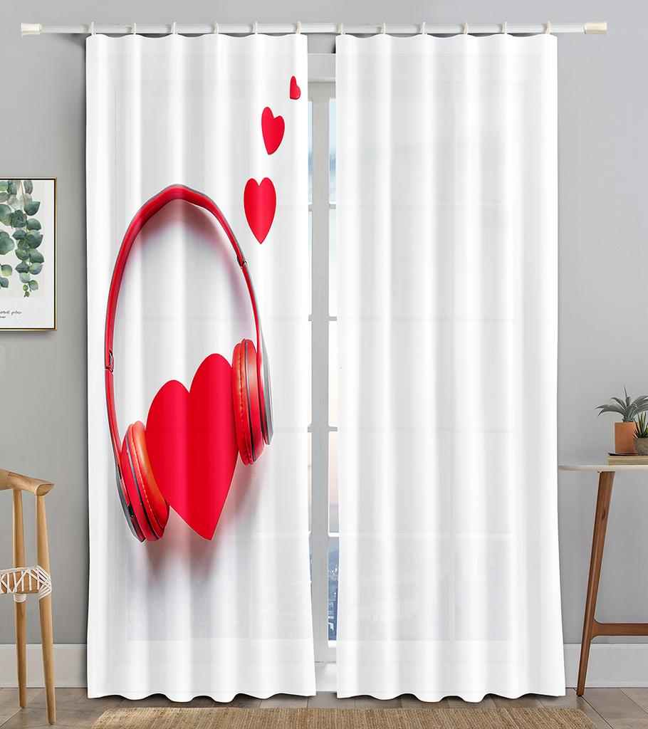 Earphone Music Red Heart Pink WaveBlackout Window Curtain for Living Room Bedroom Bathroom Kicthen Door Cupboard Decor Hooks