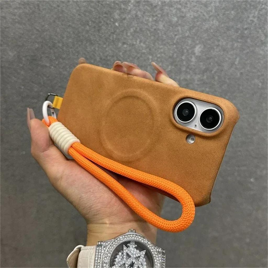 Luxury With Lanyard Magsafe Cortex Phone Case For iPhone 16 15PRO MAX 12 13 14 15 16 Pro Max Plus Magnetic Bumper Back Cover