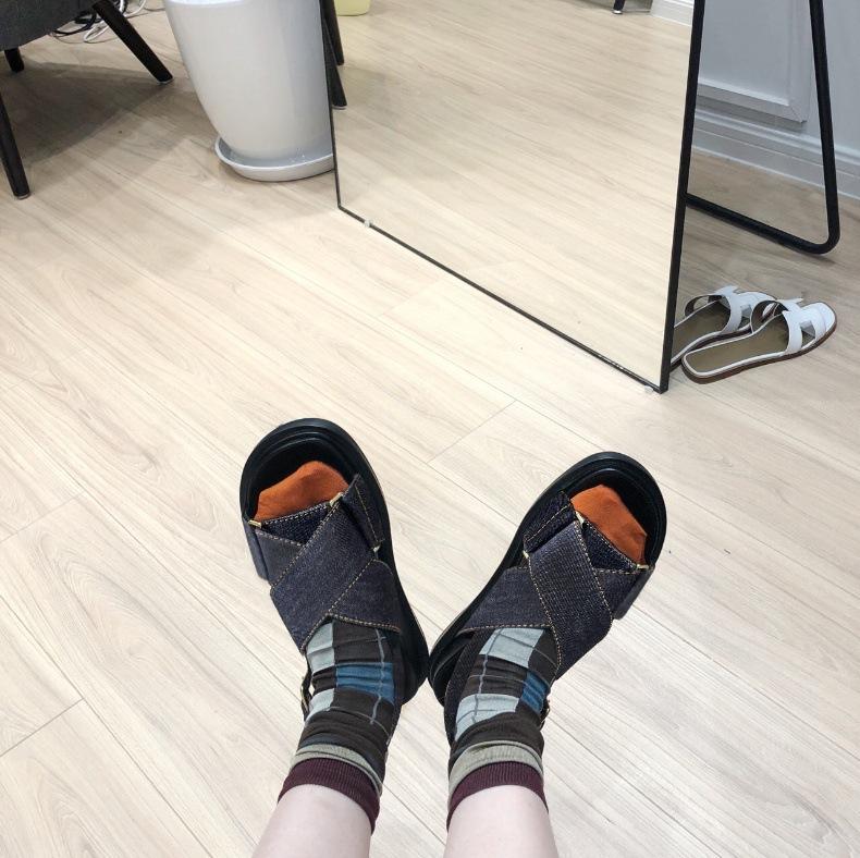 

Sheepskin version~ premium canvas leather platform sandals women s summer open-toed cross soft-soled muffin Roman sandals 40 чёрный