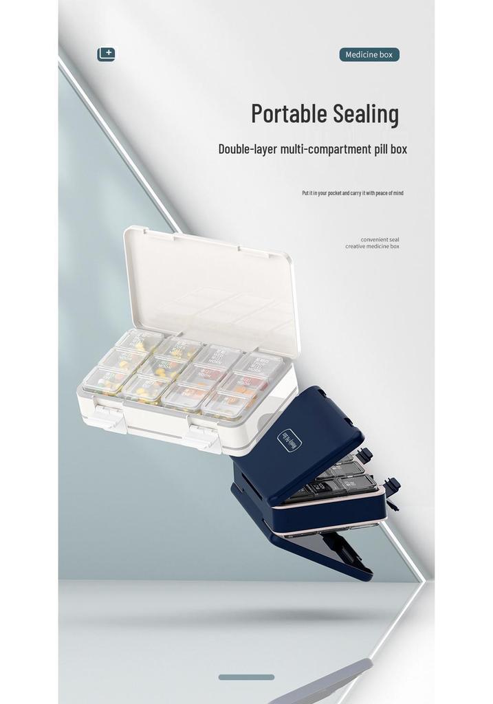 Double-Layer Portable Pill Box for Morning, Noon, Evening - Large Capacity, Lid, One-Week Organizer, Perfect for Travel and Business Trips.