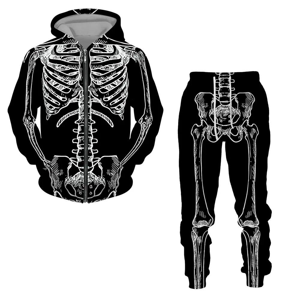 Halloweeen Cosplay Scheletro Splanchna 3D All Over Print Tute con cerniera Felpa con cappuccio da uomo Pantaloni 2 pezzi Set Abiti streetwear