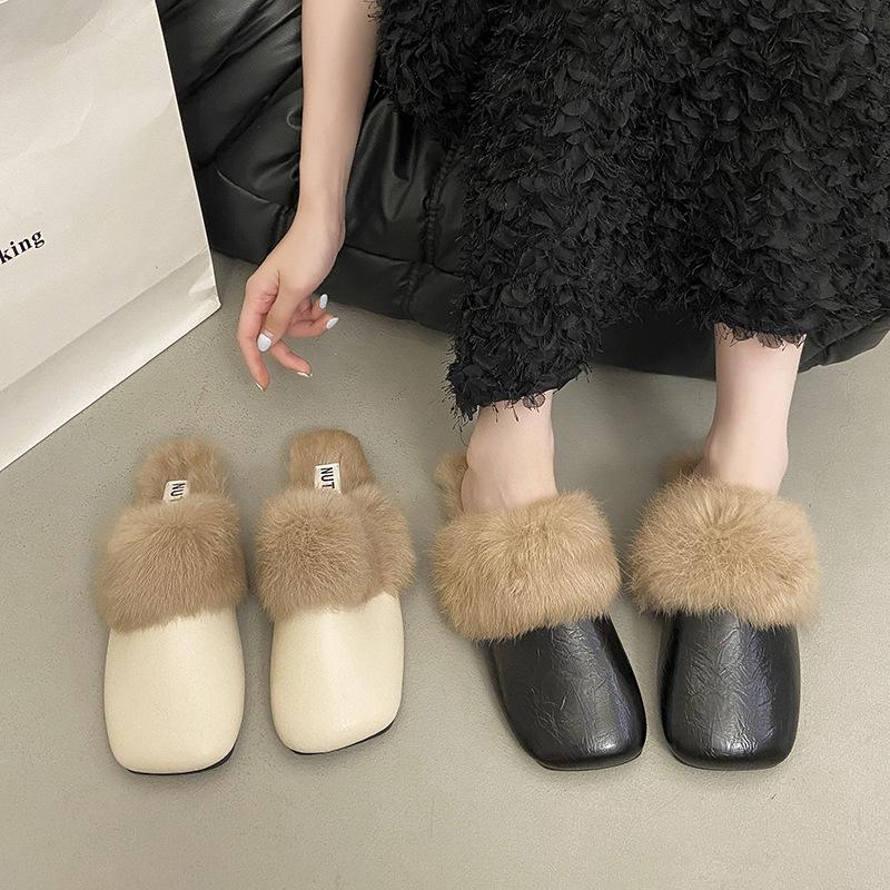 French Beautiful Bag Head Autumn and Winter Fluffy Slippers Velvet Women's 2025 Flat Bottom New Muller Lazy Explosion Out