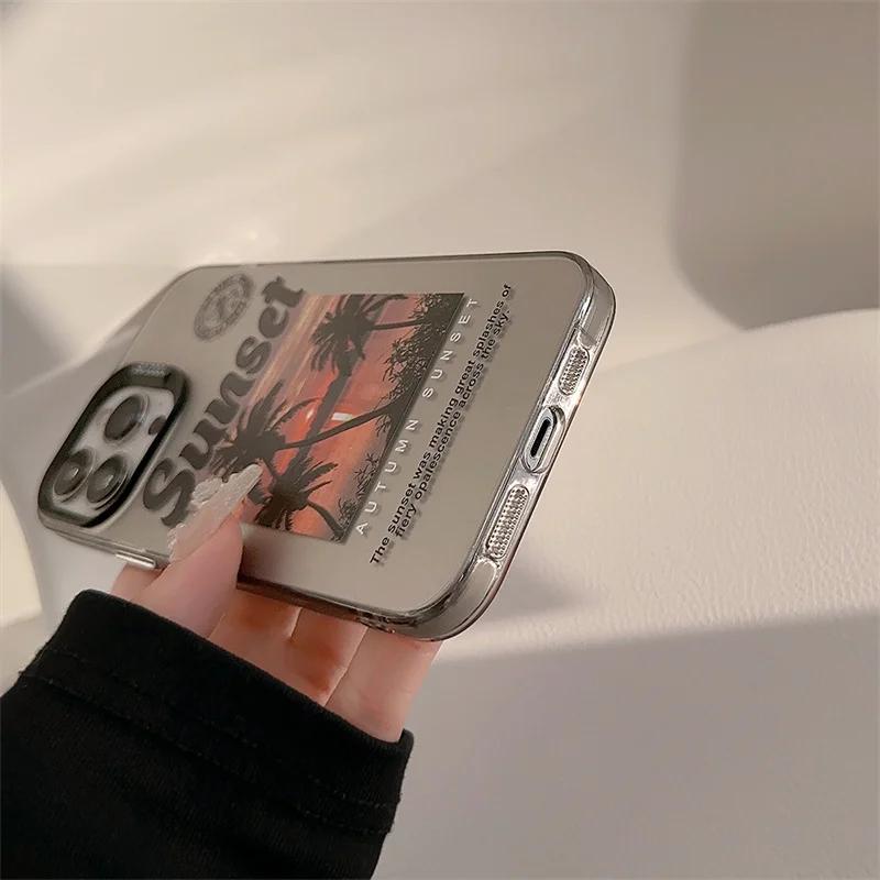 Sunset Coconut Tree Scenery Laser Phone Case For iPhone 16 15 14 13 12 11 Pro Max XS XR X 7 8 Plus SE  Shockproof Hard Cover