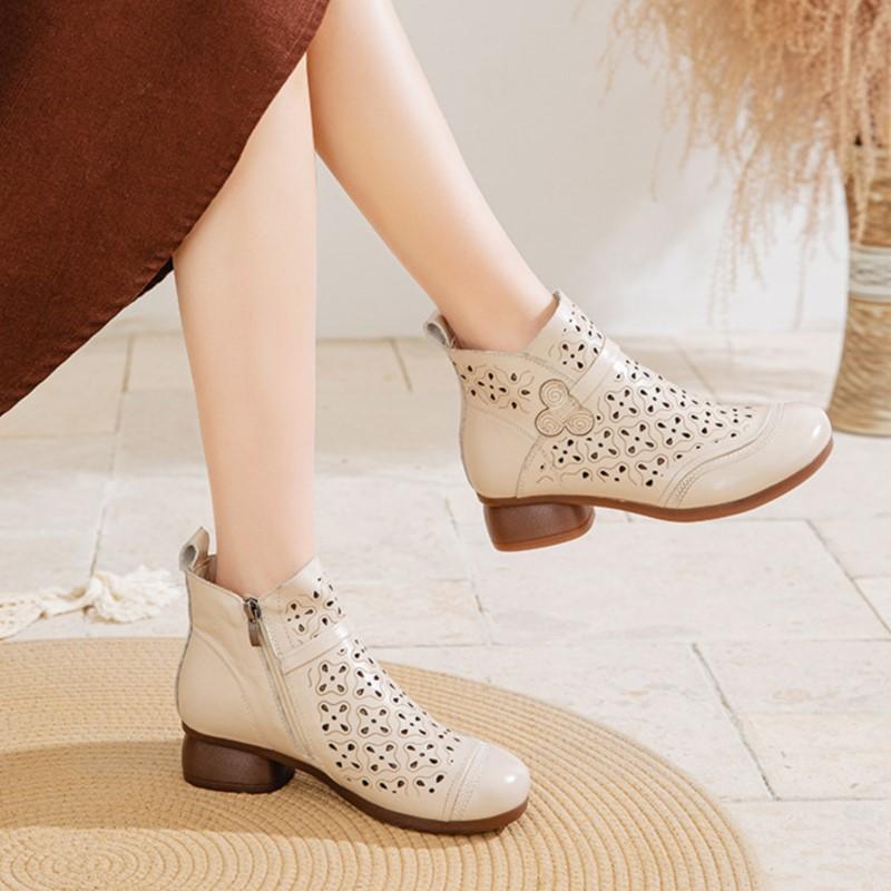 Johnature Hollow-out Genuine Leather Short Boots Retro Thick Heel Breathable Soft Soled Women's Shoes