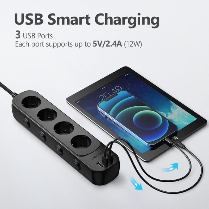 Multiprise - Jsver - 4 Prises - 3 Ports USB - Interrupteurs Individuels - Parafoudre