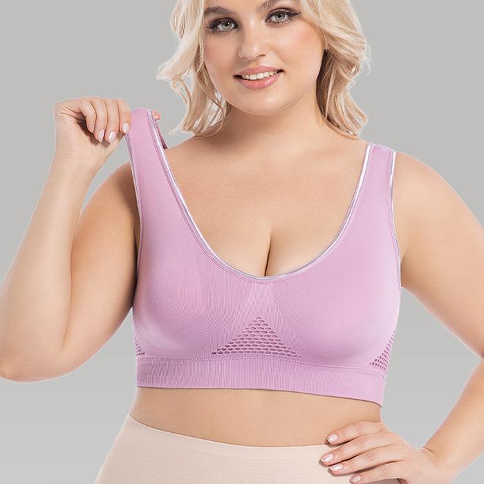 Plus Size Solid Color Breathable Hollow Out Sports Bra - Pullover Wireless Yoga Bra Light Support Thin