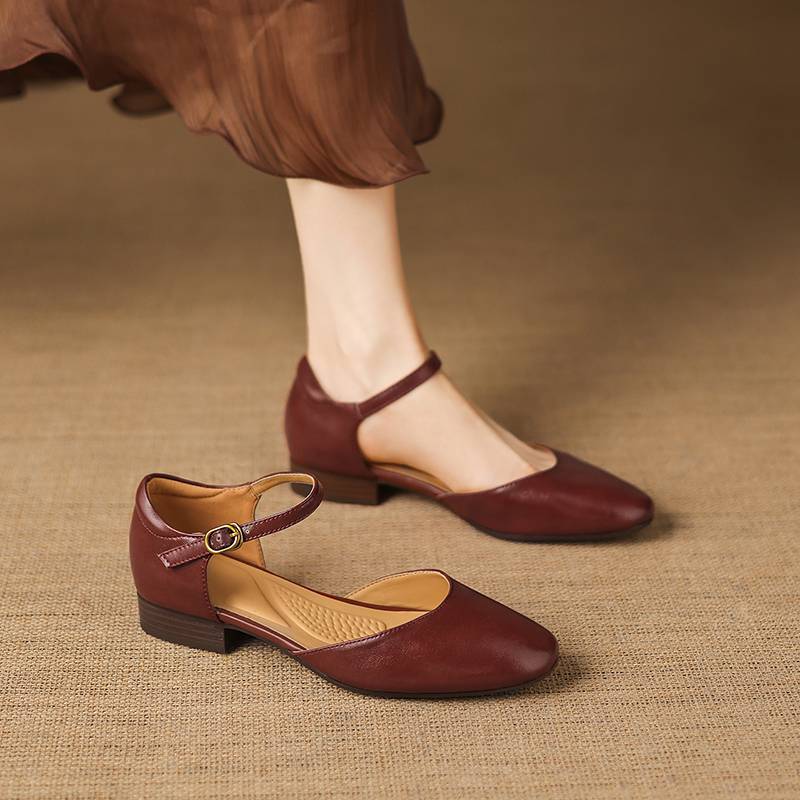 Krazing Pot Cow Skin Round Toe Low Heels Summer Shoes Big Size 42 Ankle Straps Women Pumps
