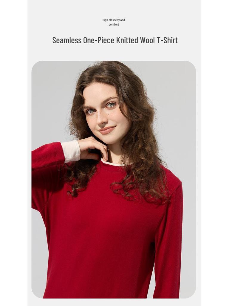 Merino Wool Seamless Color Block Two-Piece Sports Long Sleeve T-Shirt