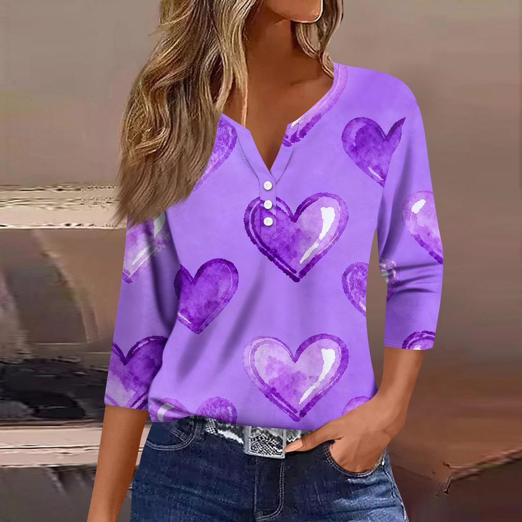Women's Fashion Button-Up V-Neck Three-Quarter Sleeve Valentine's Day Print Top