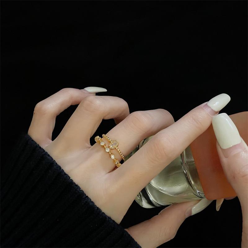 Niche Design Micro-Inlaid Zircon Medium Antique Gold Open Ring French Retro Fishtail Index Finger Ring Light Luxury Ring Adjustable opening