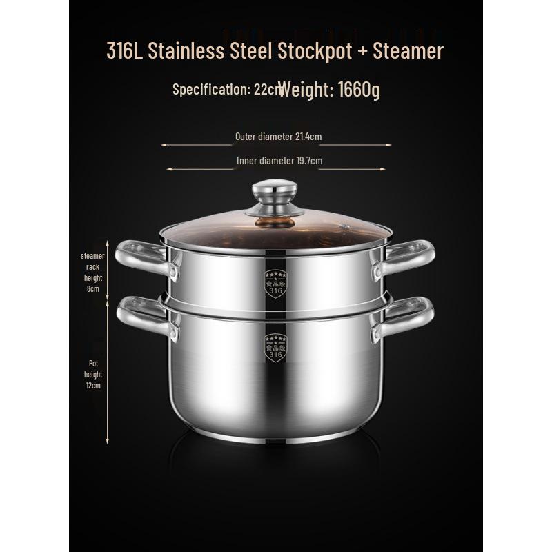 2025 Three-Layer 316 Stainless Steel Steamer & Soup Pot for Induction & Gas Stoves