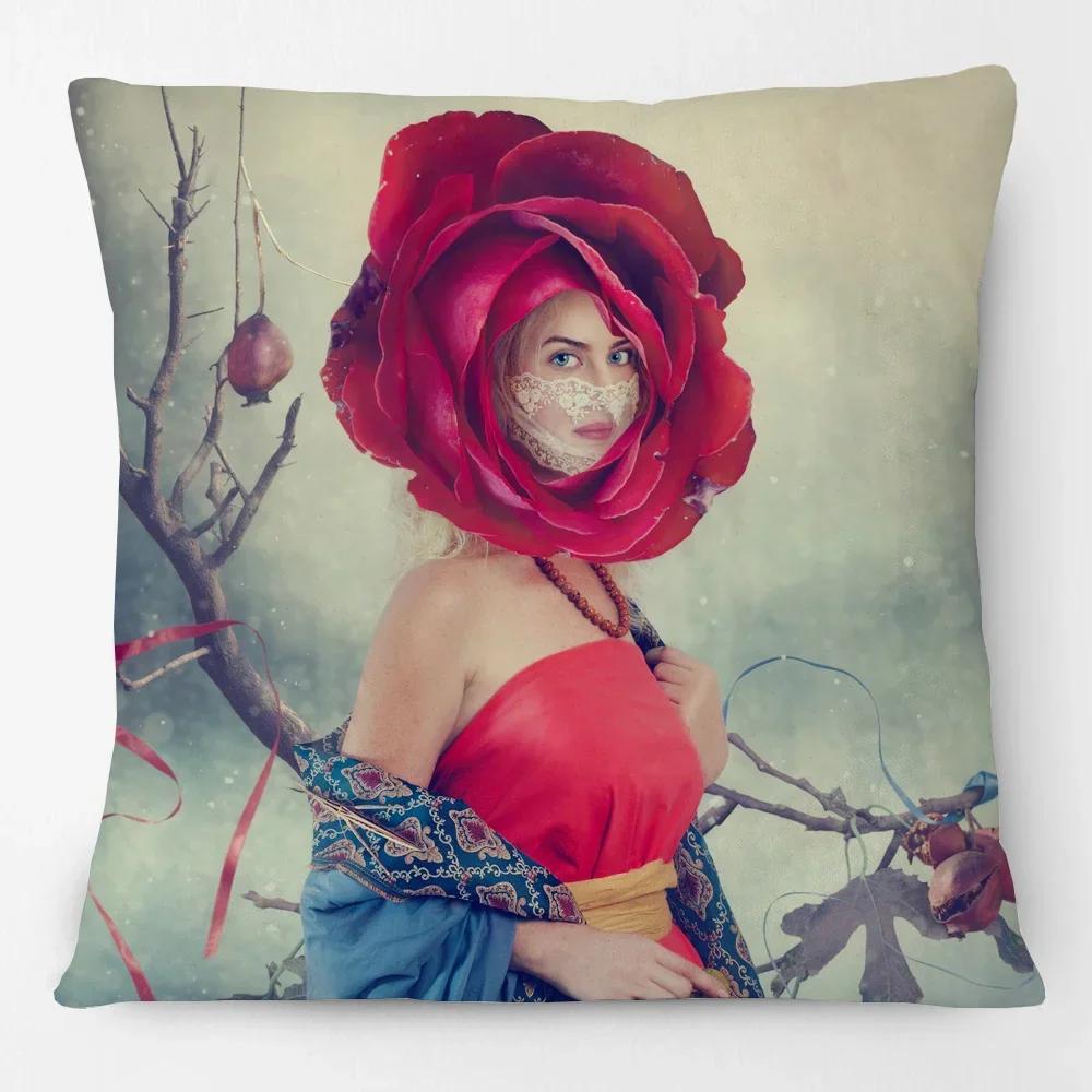 European Flower Painting Rose Dreams Woman Girls Portrait Poster Cushion Cover Birds Dove Home Pillow Case