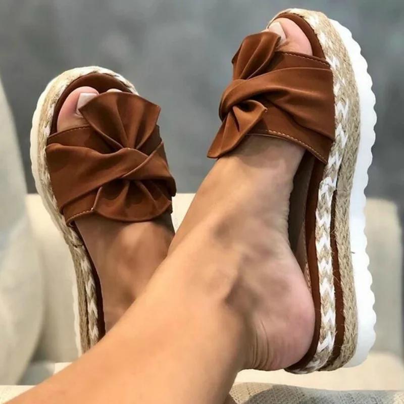 Frauen Hausschuhe Sommer 2024 Plattform Keile Mid Heels Fliege Peep Toe Mode Dias Strand Outdoor Damen Schuhe Zapatos De Mujer 40 braun