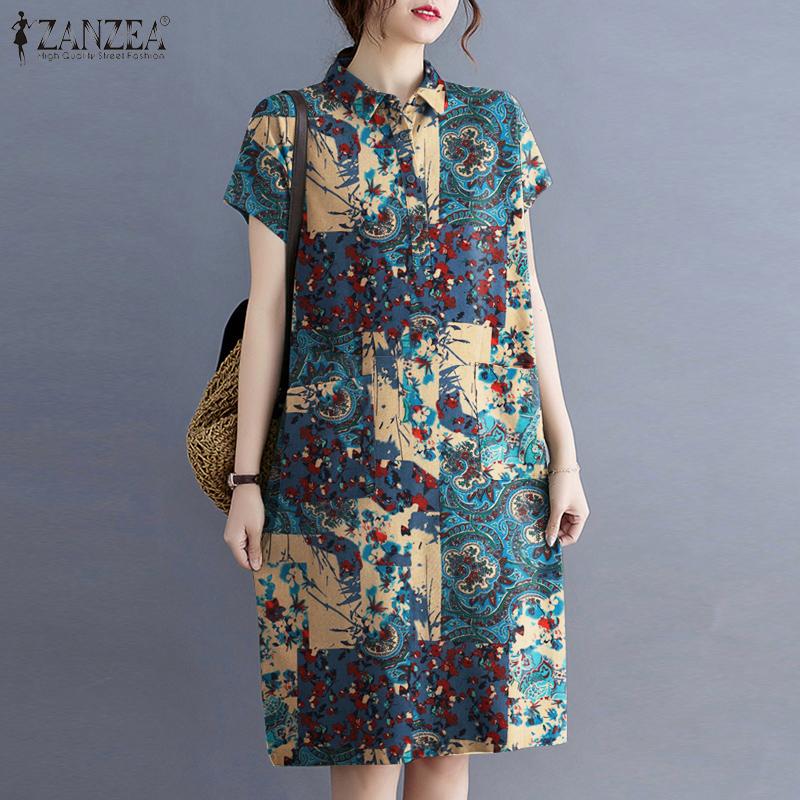 

ZANZEA Женское повседневное летнее платье-рубашка с отложным воротником и короткими рукавами с принтом