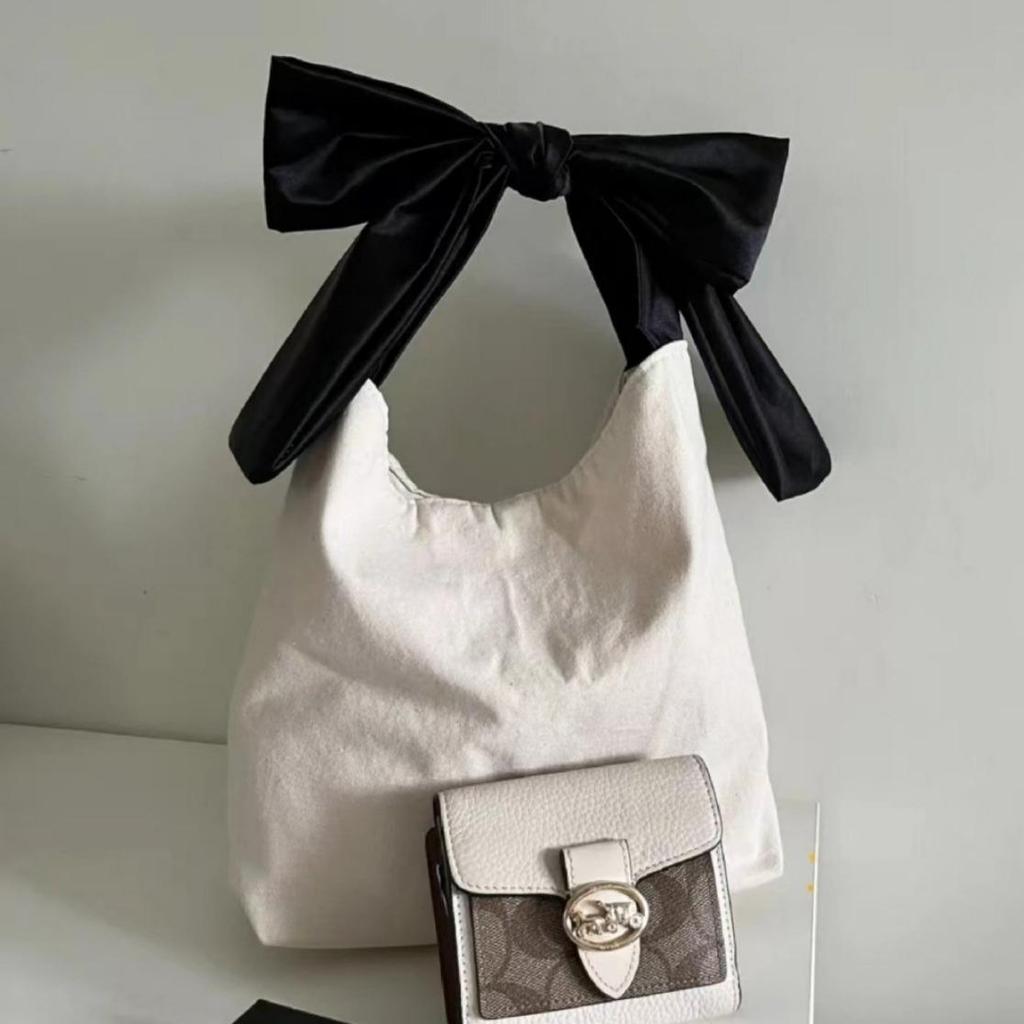 Korean Style 2025 Spring Bow Canvas Shoulder Tote - Large Capacity