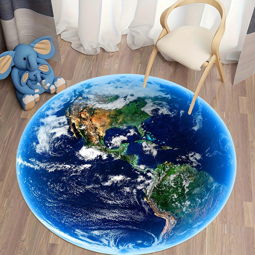 Flannel Printed Round Rug With Earth Globe Design For Home Decor Soft Floor Mat Planet Art Theme Modern Interior
