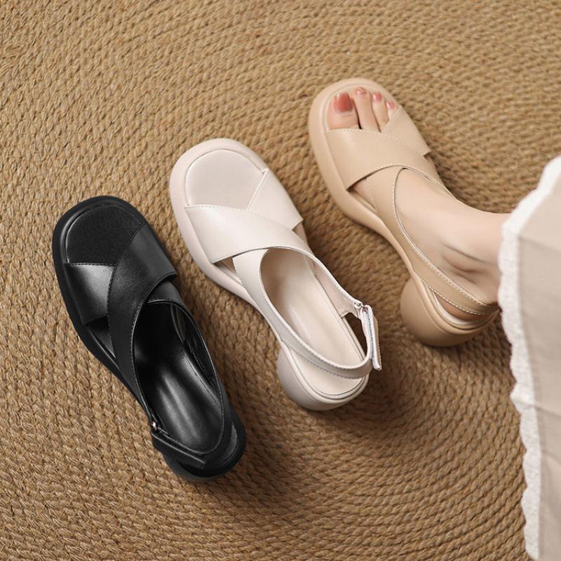 New Solid Color Roman Sandals Summer Women's High-heeled Sandals Casual Buckle Platform Non-slip Sandals Round Head Square Heel