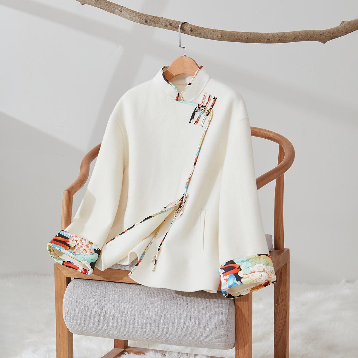 

Buckle design sense silk contrasting color splicing double-sided nylon wool cashmere women s coat coat drape S білий