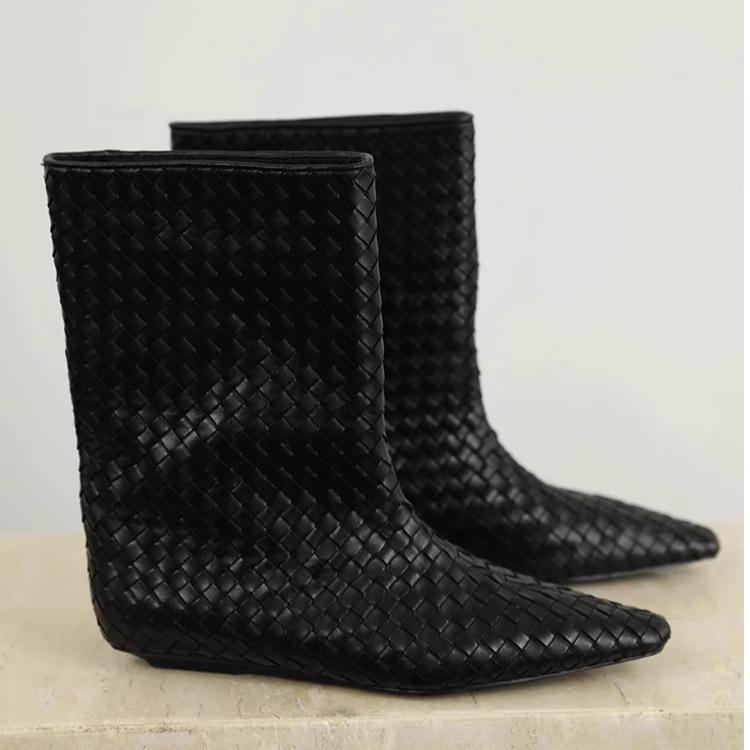 Cowhide Version~ Autumn and Winter New Square Head Woven Loose Sleeve Wedge Short Boots Women's Versatile High-end Medium Boots