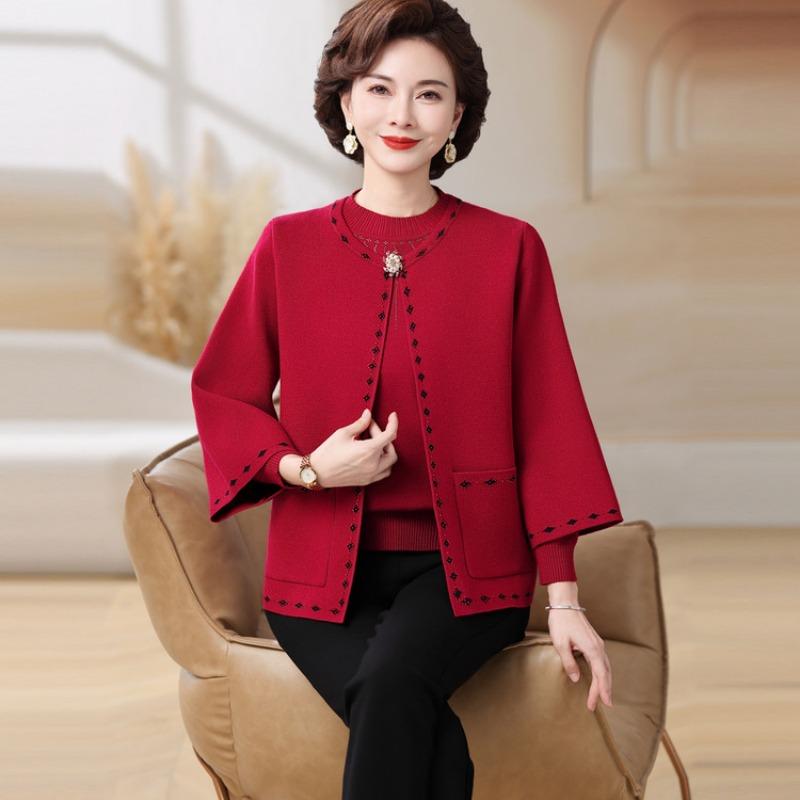 

Модный кардиган для осени и зимы для женщин среднего и пожилого возраста, вязаный костюм-двойка 3XL бордовый