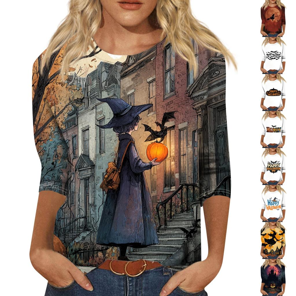 Women's Fashion Casual Round Neck Three-quarter Sleeve Halloween Printed T-shirt Top